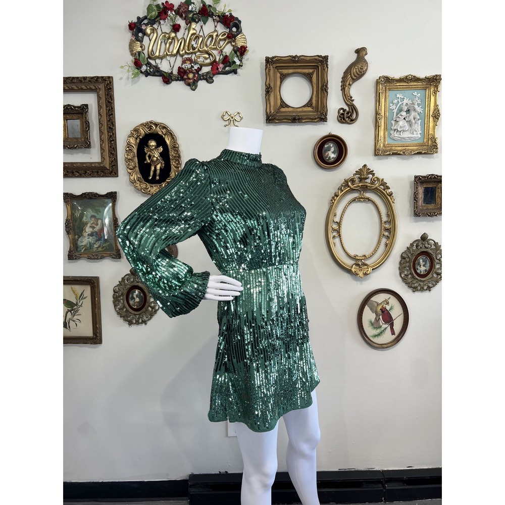Rixo Green Sequin Long Sleeve Mock Neck Mini Dress XS - Picture 2 of 8